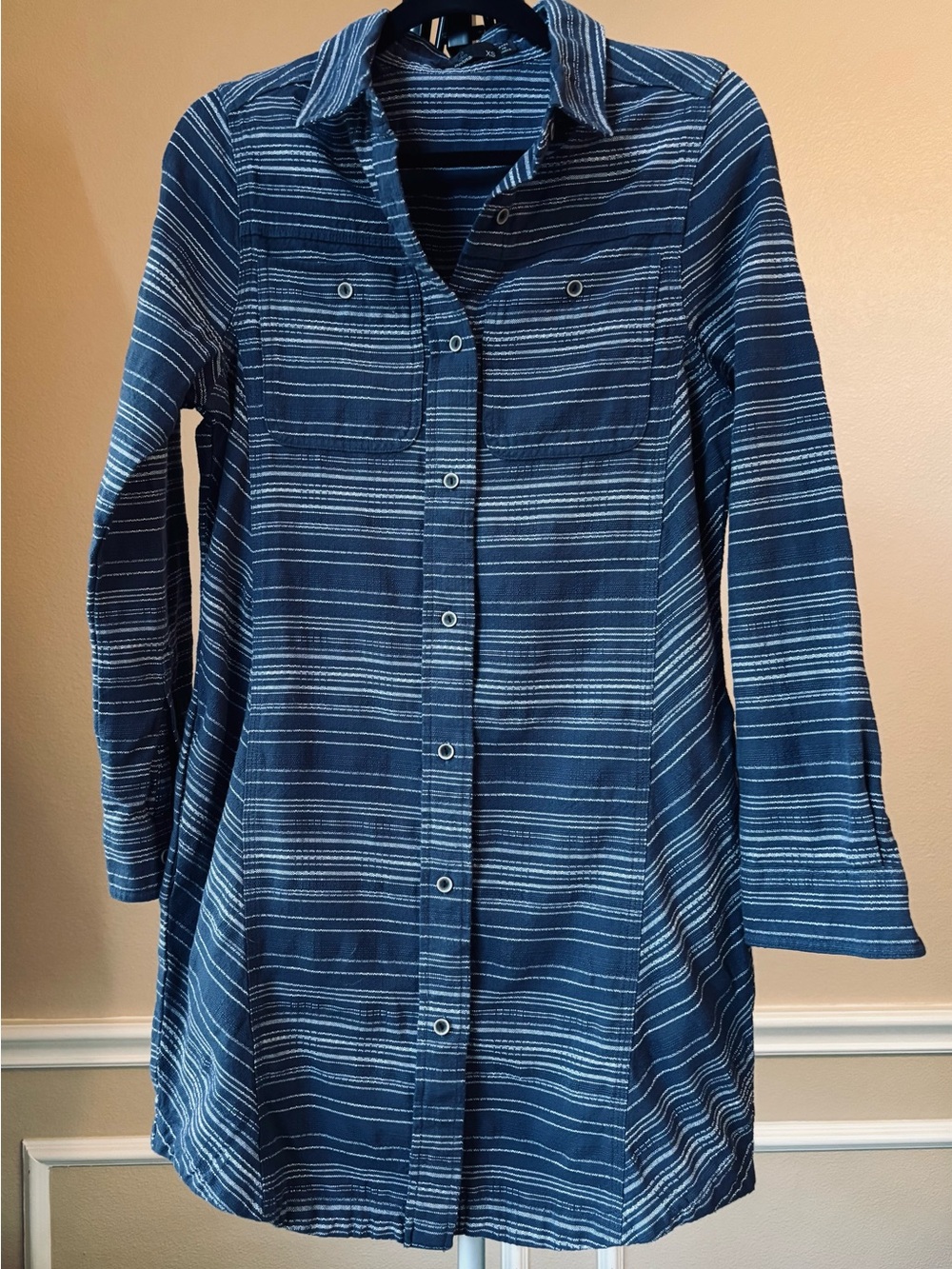 Prana Navy and White Striped Long-Sleeve Shirt Dress